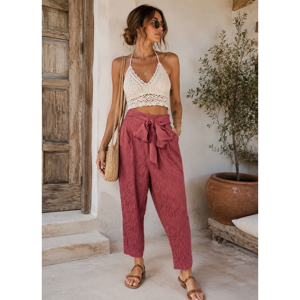 Anthropologie Ett:twa Jacquard Tie Waist Crop Ankle Pants Dusty Rose 6